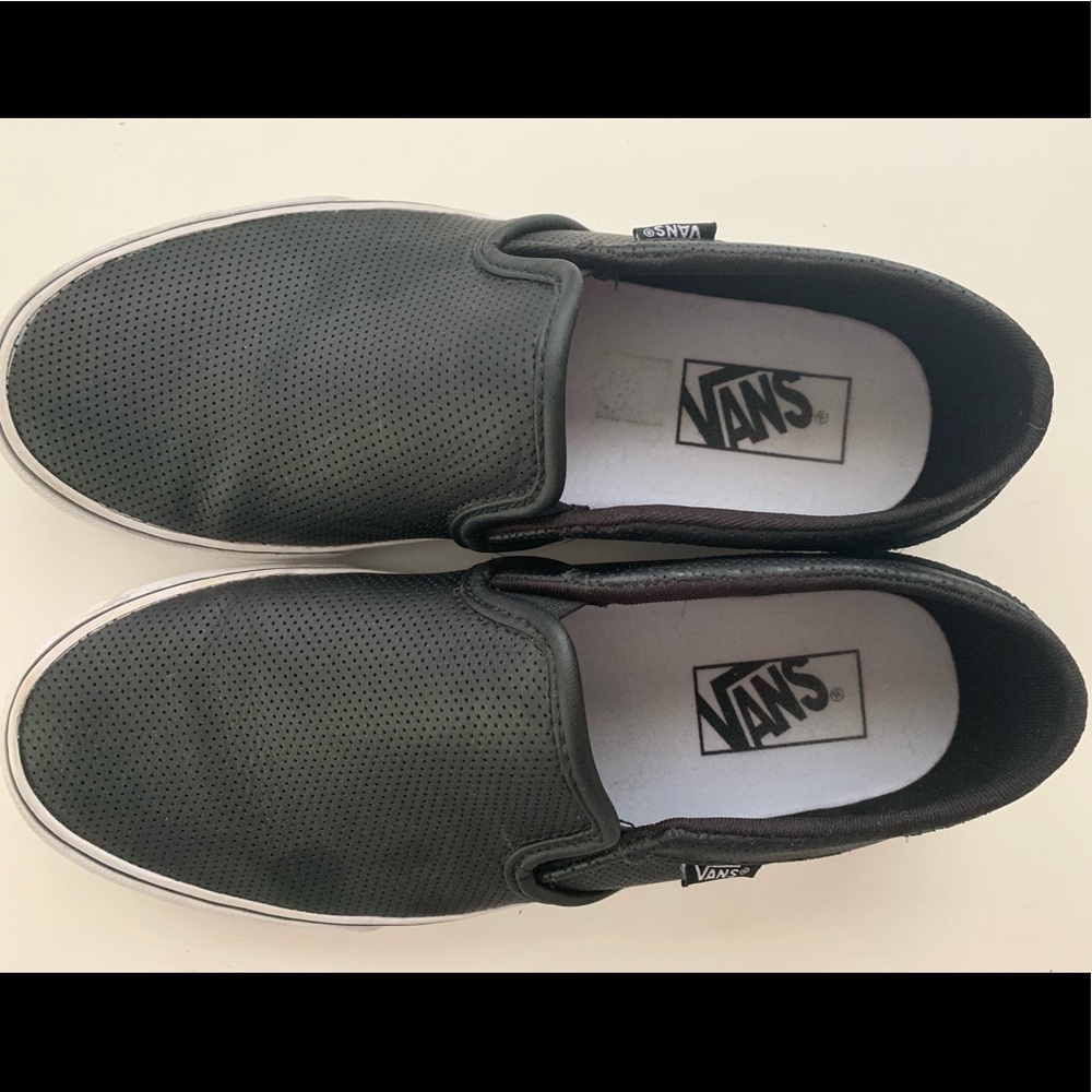 Black leather perforated slip on vans